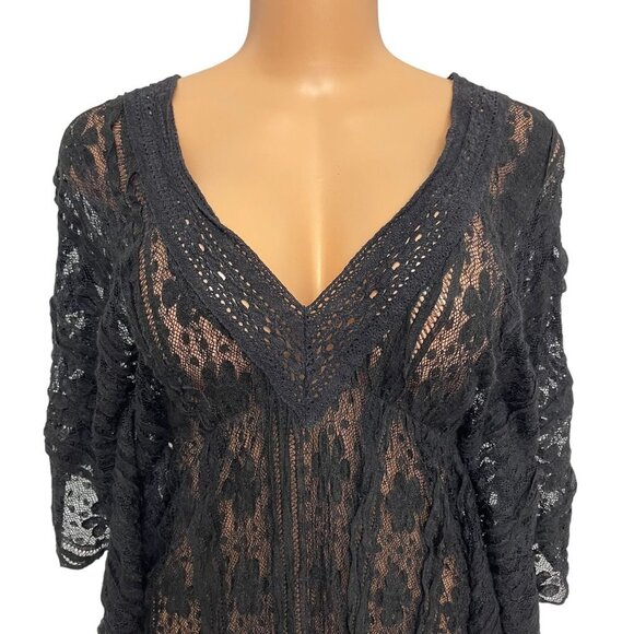 Solitaire Women's Black Sheath Blouse Knit V Neck Butterfly Sleeves Stretch - Picture 7 of 10